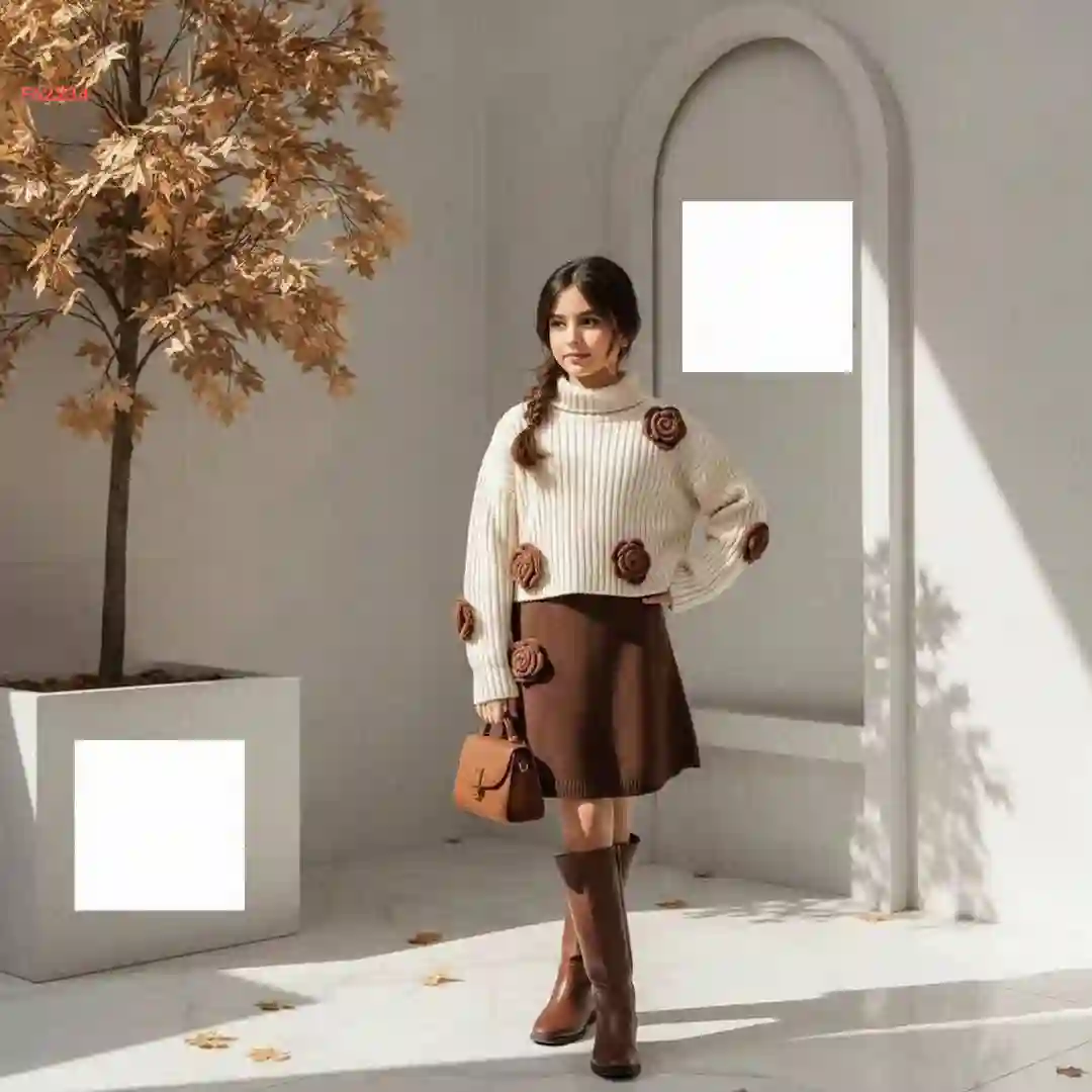 طقم تنورة بناتي وكنزة تريكو مزينة ورد