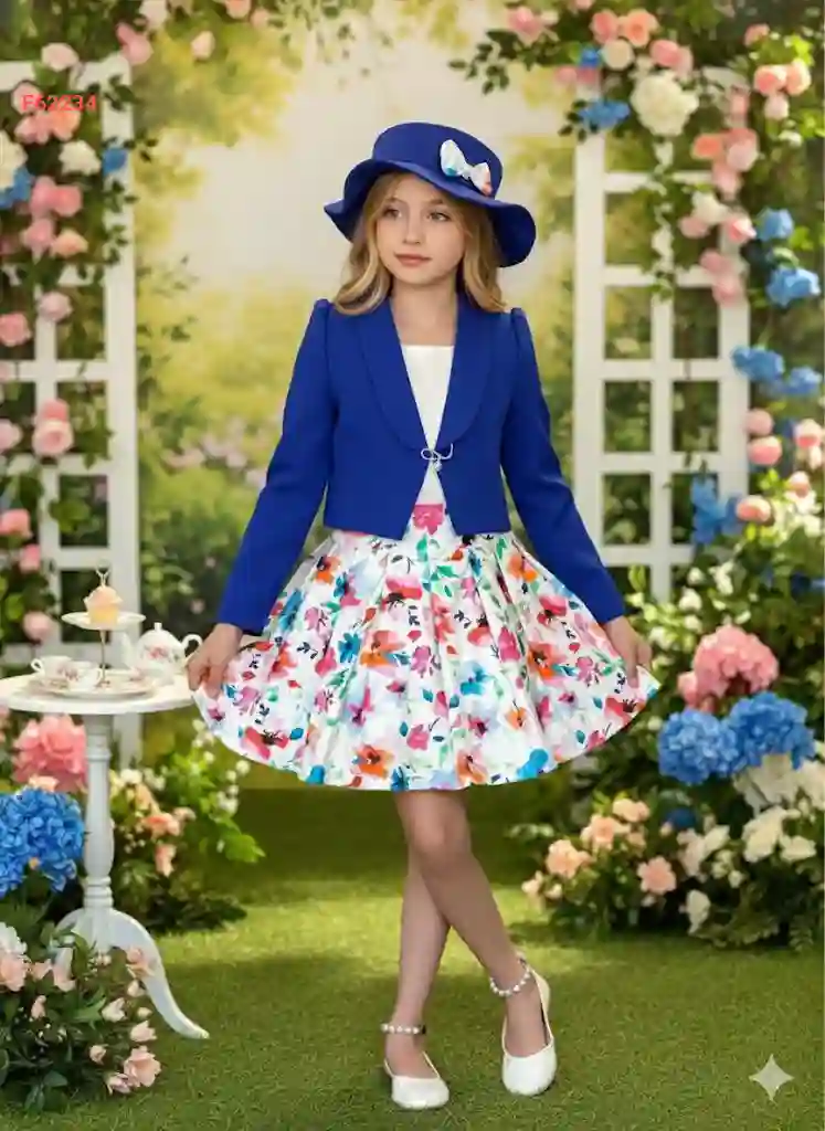 طقم تنورة بناتي مع جاكيت وقبعة