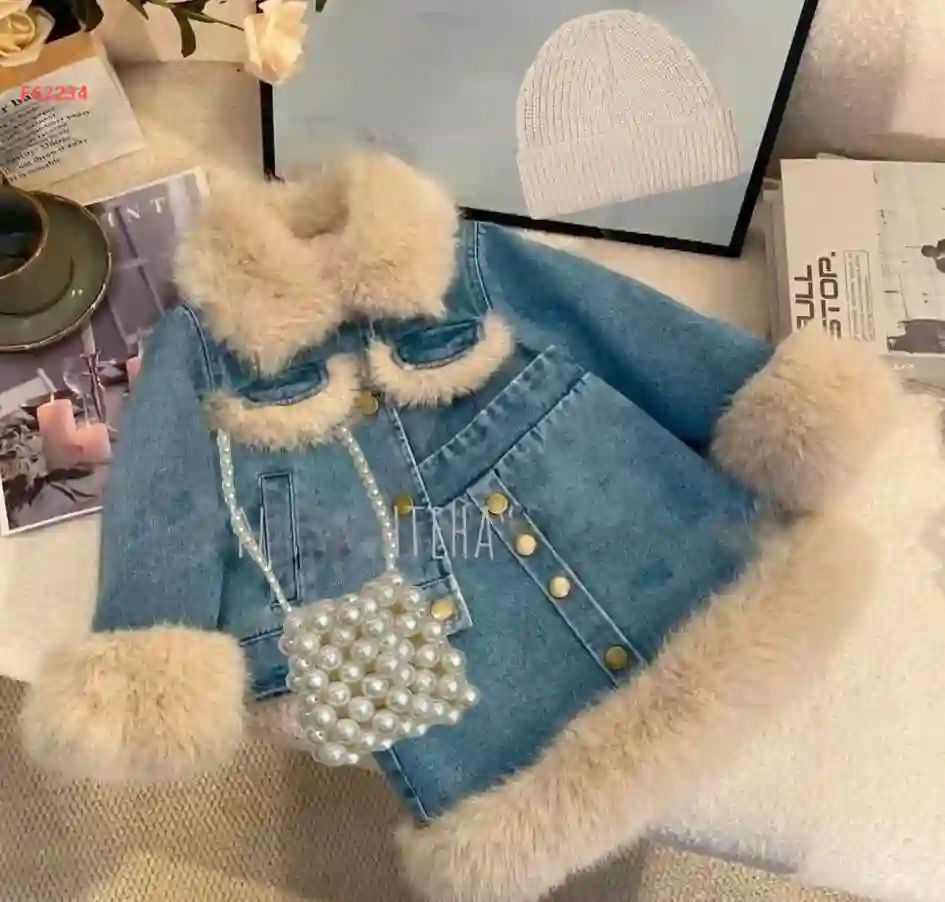 طقم تنورة بناتي جينز وفرو مع حقيبة لولو