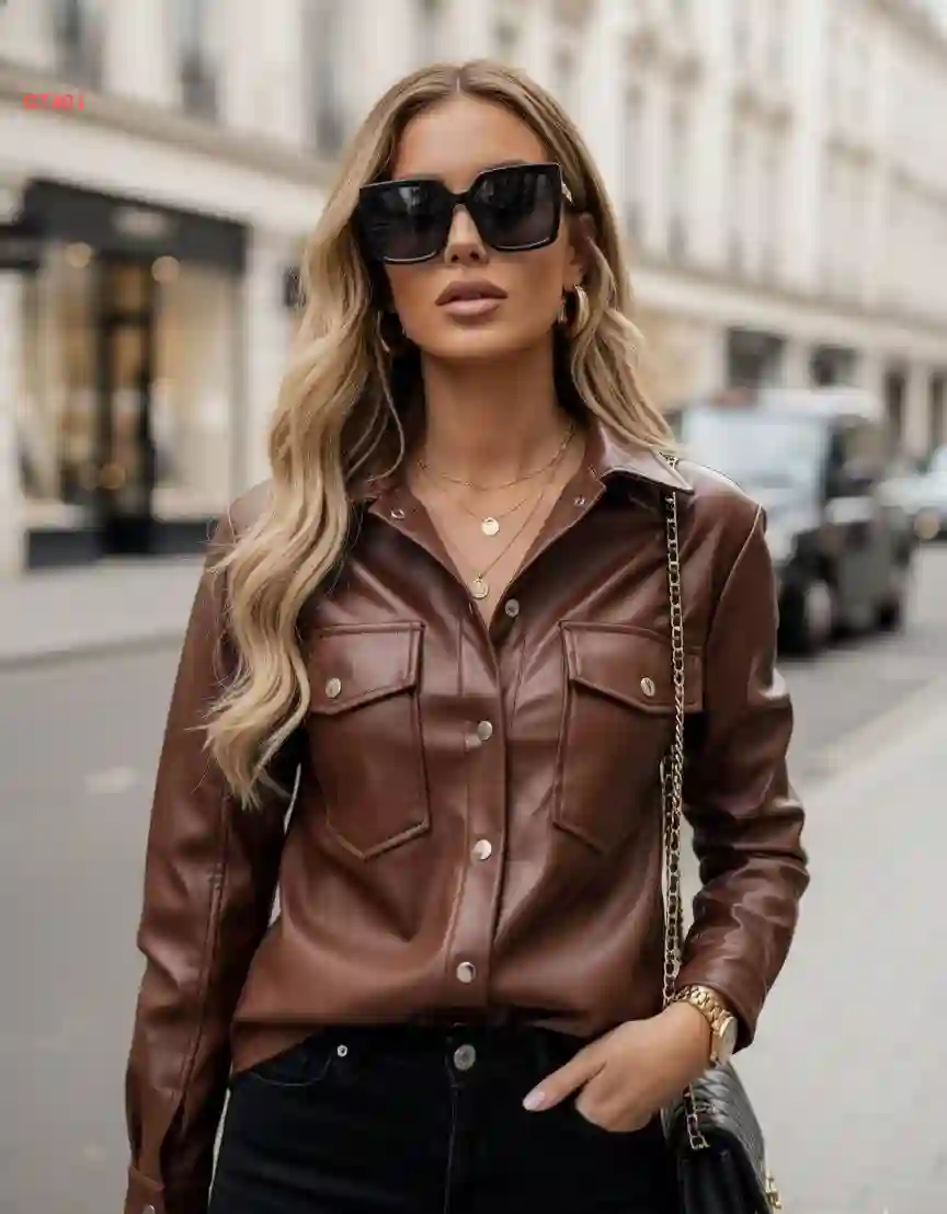 قميص جلد بجيب مزدوج