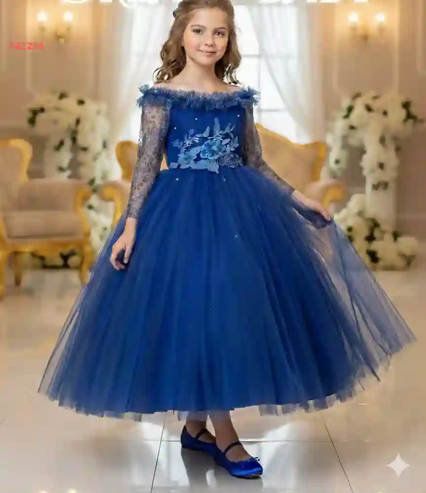 فستان بناتي تول منفوش بأكمام شفافة