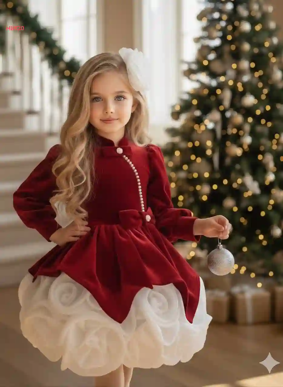 فستان بناتي مخمل منفوش مع ورد