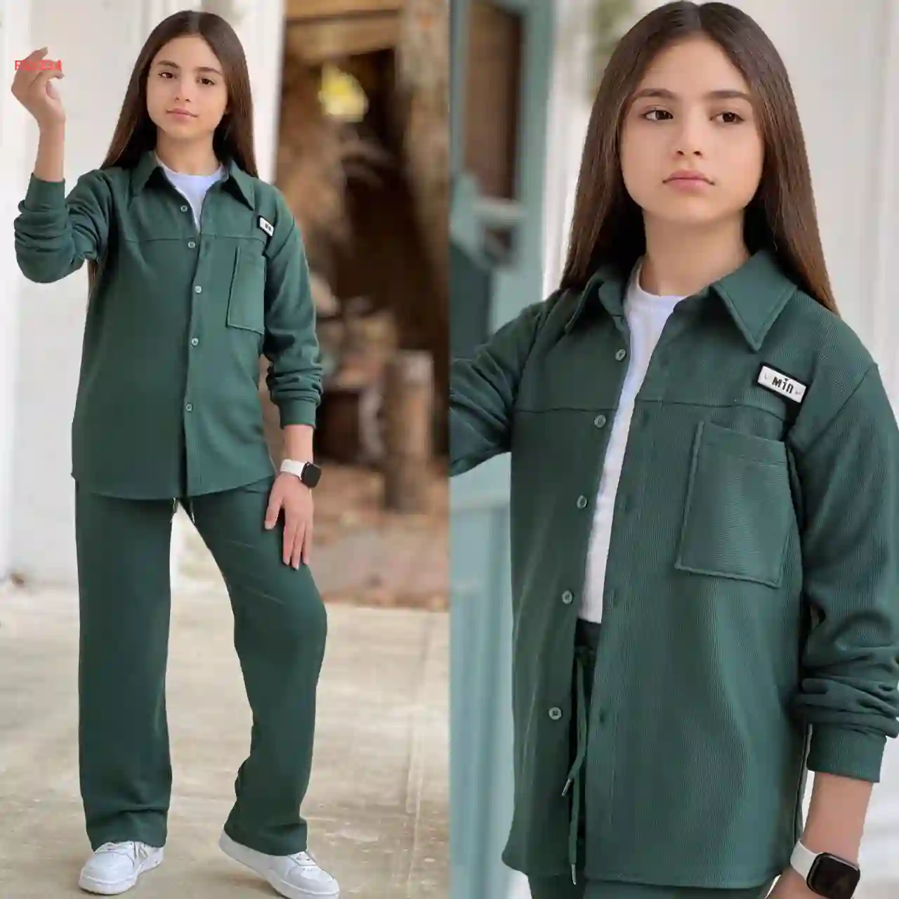 طقم بنطال بناتي محير مع قميص كم