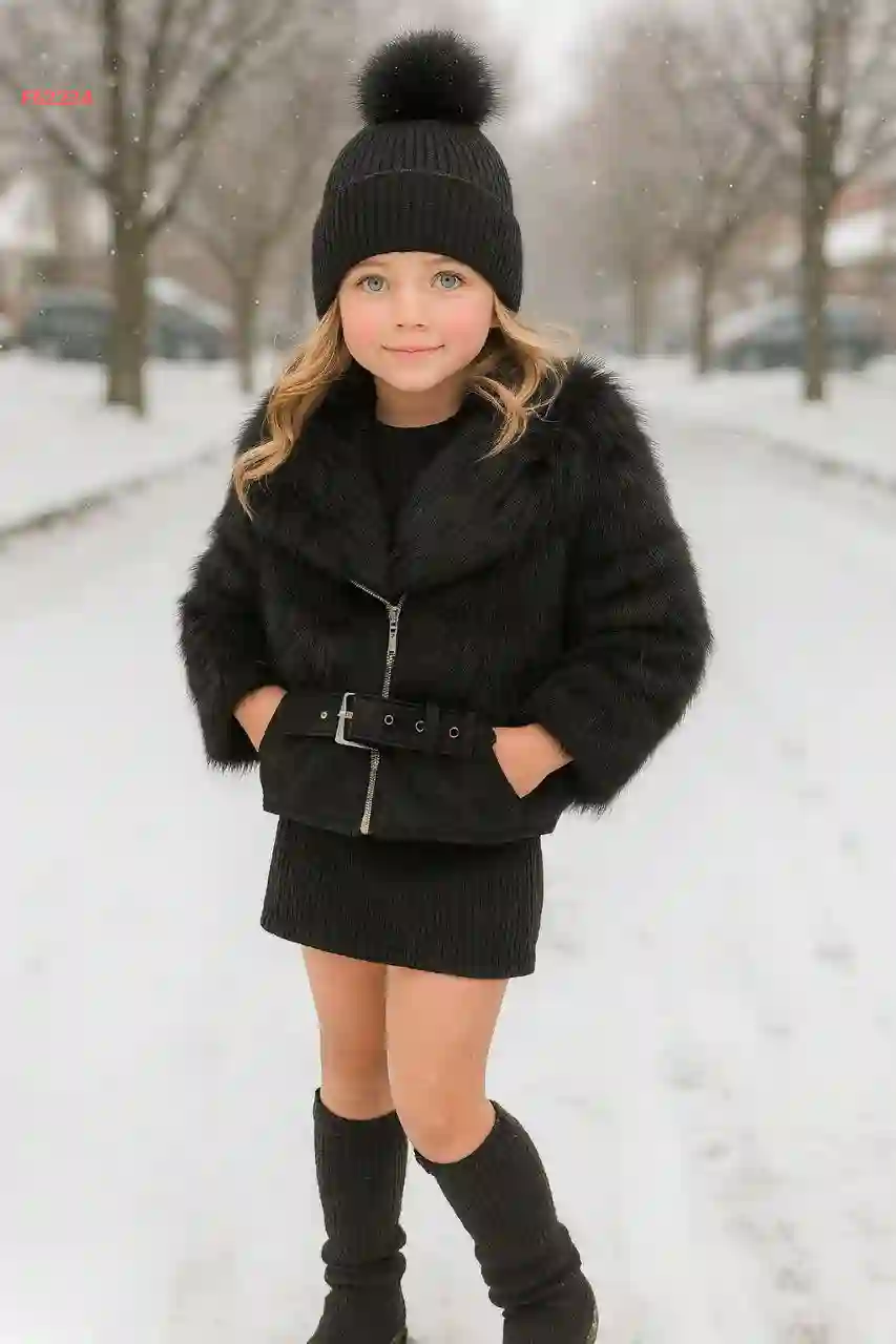 طقم بناتي فستان تريكو وجاكيت فرو وطاقية