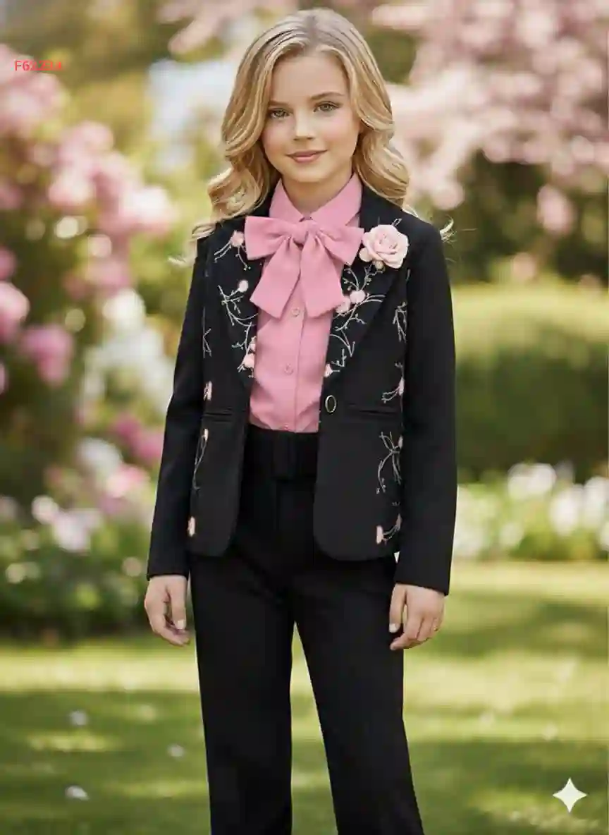 طقم بنطال بناتي مع قميص وبليزر مطرز