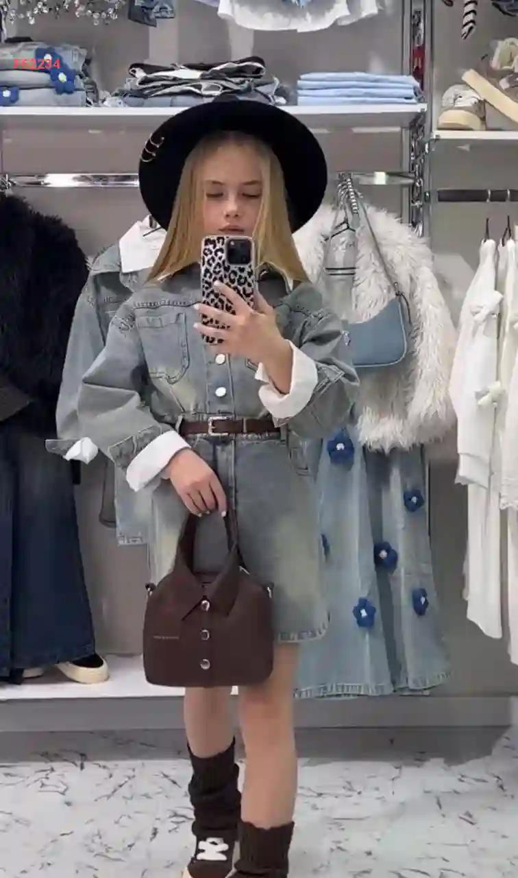 فستان بناتي جينز مع قميص وحقيبة