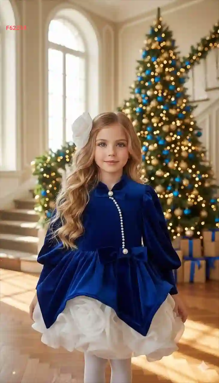 فستان بناتي مخمل مع ورد ولولو