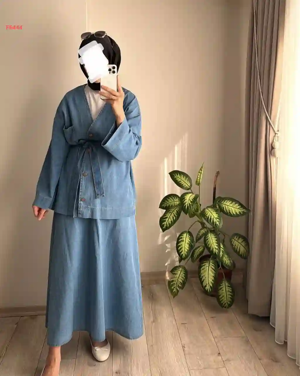 طقم تنورة جينز طويل مع جاكيت