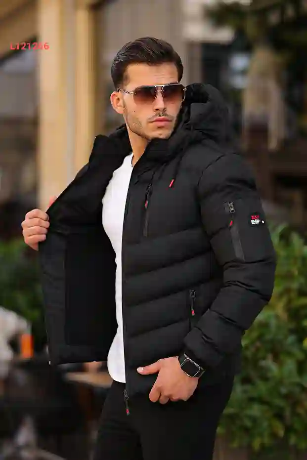 Men's winter padded jacket with a hood, windproof, red with black details and po