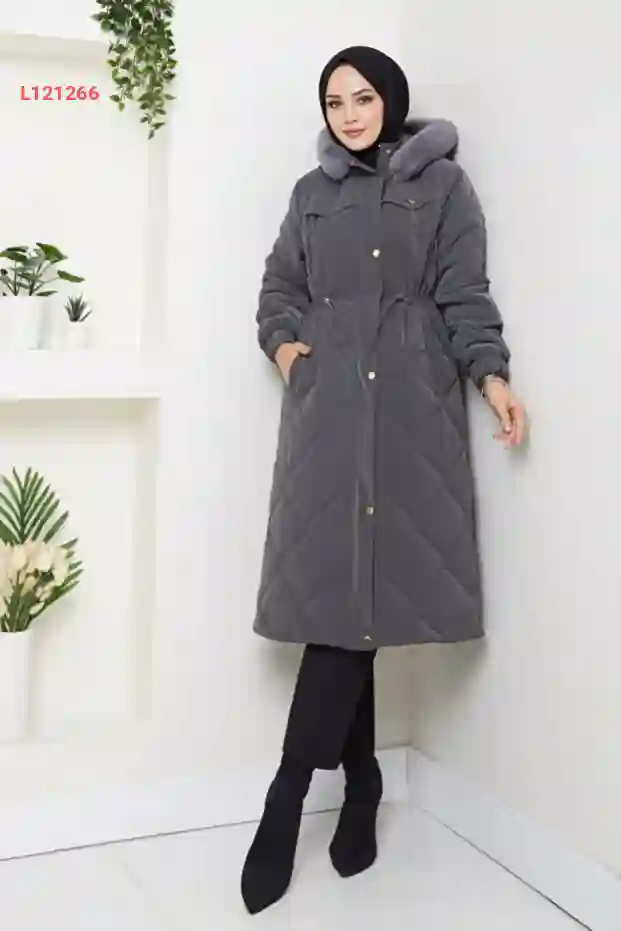 معطف نسائي بقصة الخصر الفريدة بسحاب مخفي وقبعة من الفرو