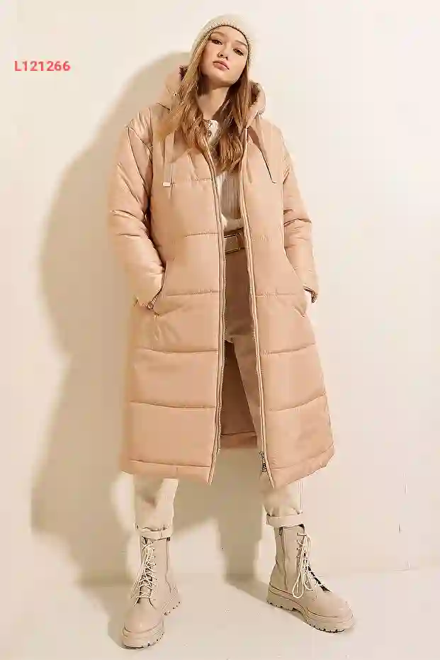 معطف طويل نفخ بسحاب وقبعة - لون بيج