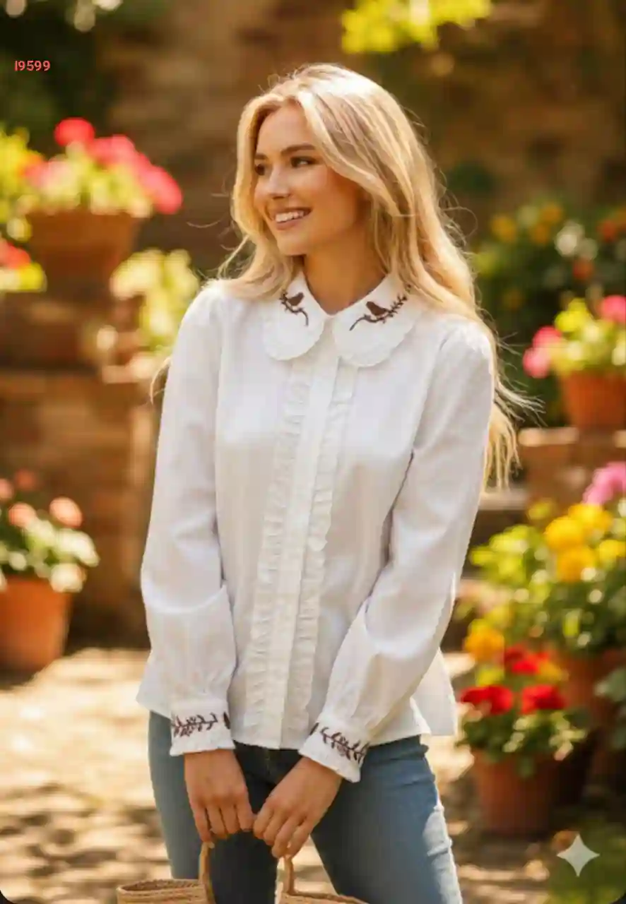 قميص أبيض يياقة وأكمام مطرزين