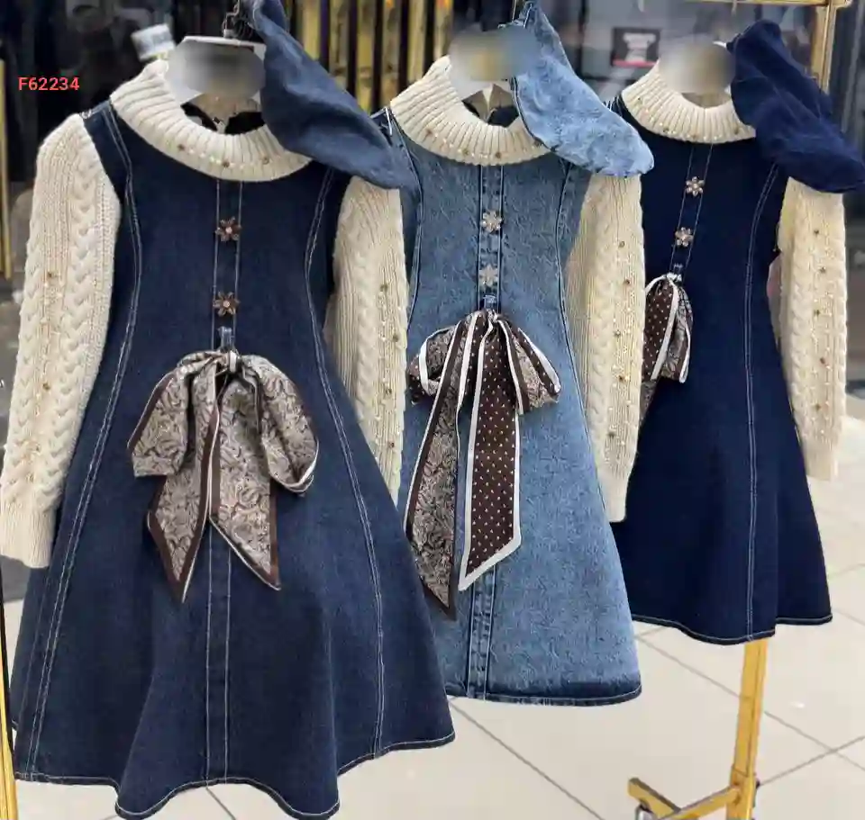 فستان بناتي جينز وتريكو بفولار