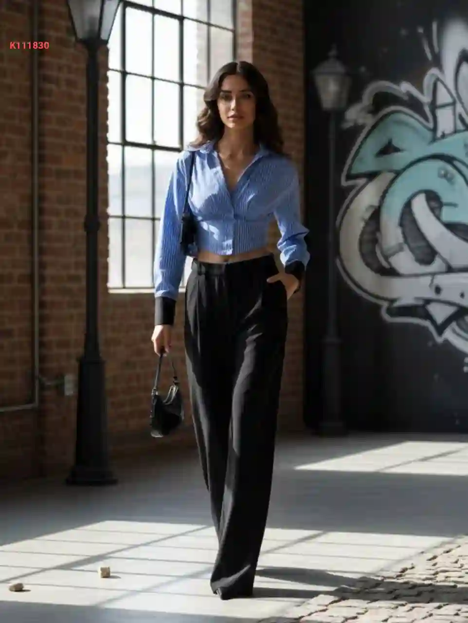 طقم قميص نص بطن مع بنطال اسود