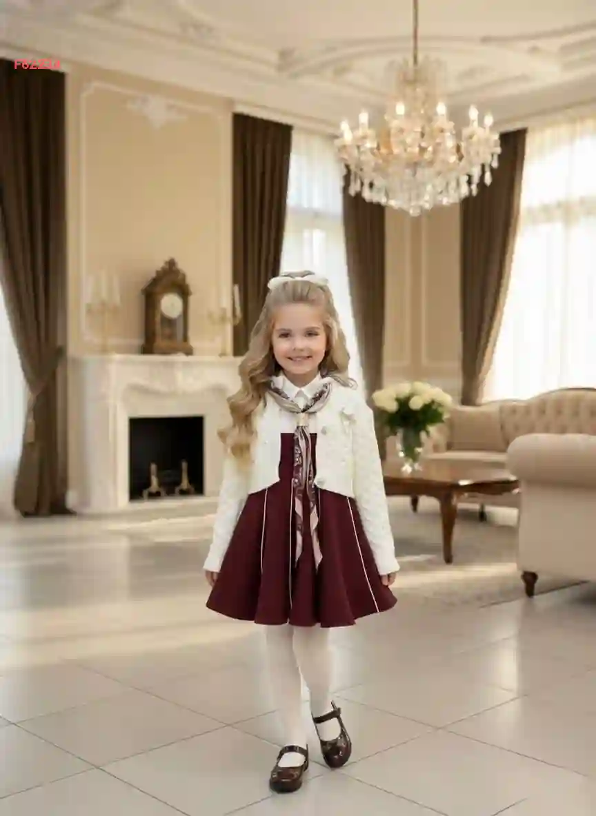 فستان بناتي مع فولار وجاكيت تريكو