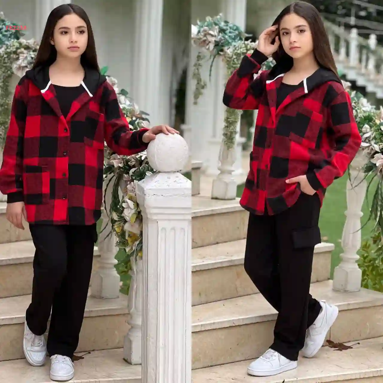 طقم بنطال بناتي مع قميص كارو