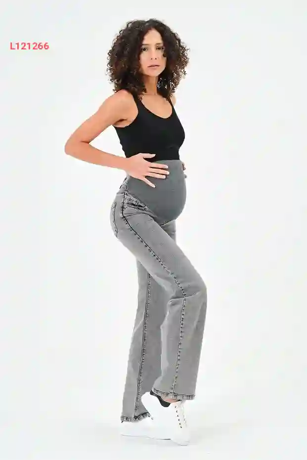 بنطال جينز واسعة بسحاب خلفي وحزام مرن للحوامل بلون رمادي