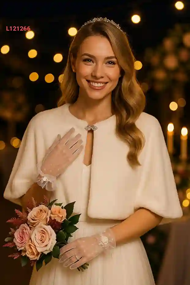 شال زفاف أنيق مزين ببروش من الفرو الفاخر باللون الأبيض الكريمي