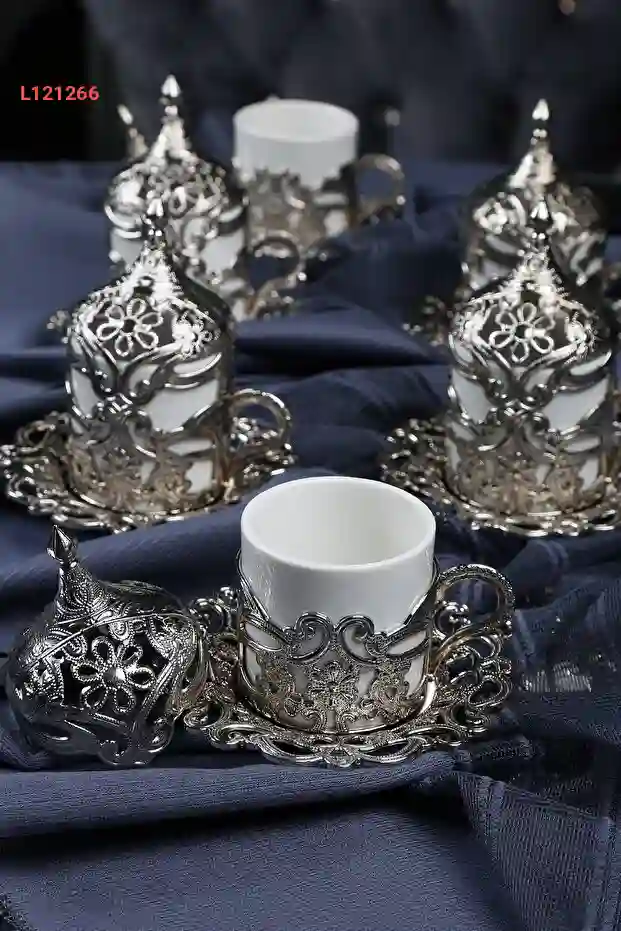 طقم فناجين قهوة فضية مطلية بالنحاس مكون من 6 قطع