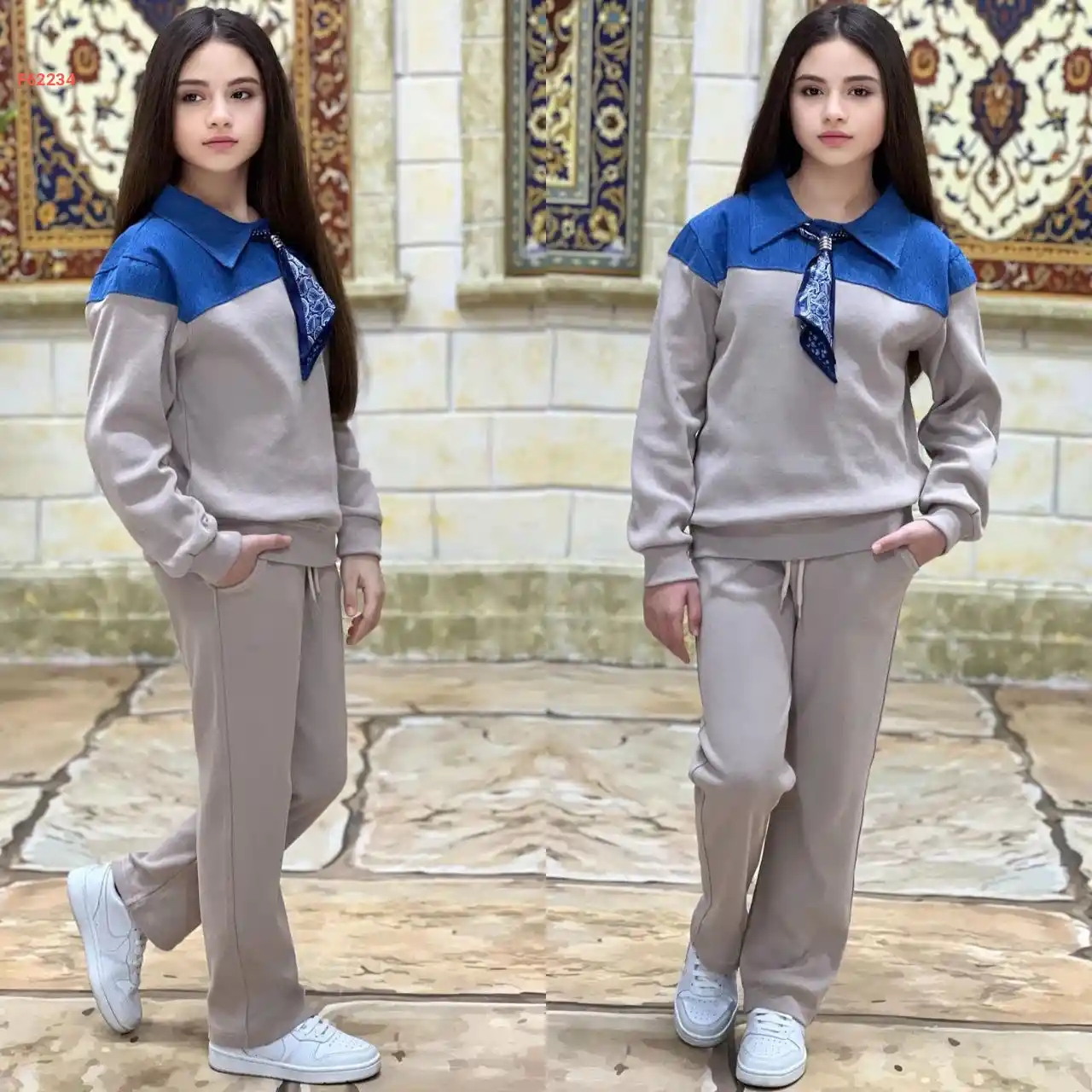 بيجامة بناتي كم طويل مع فولار