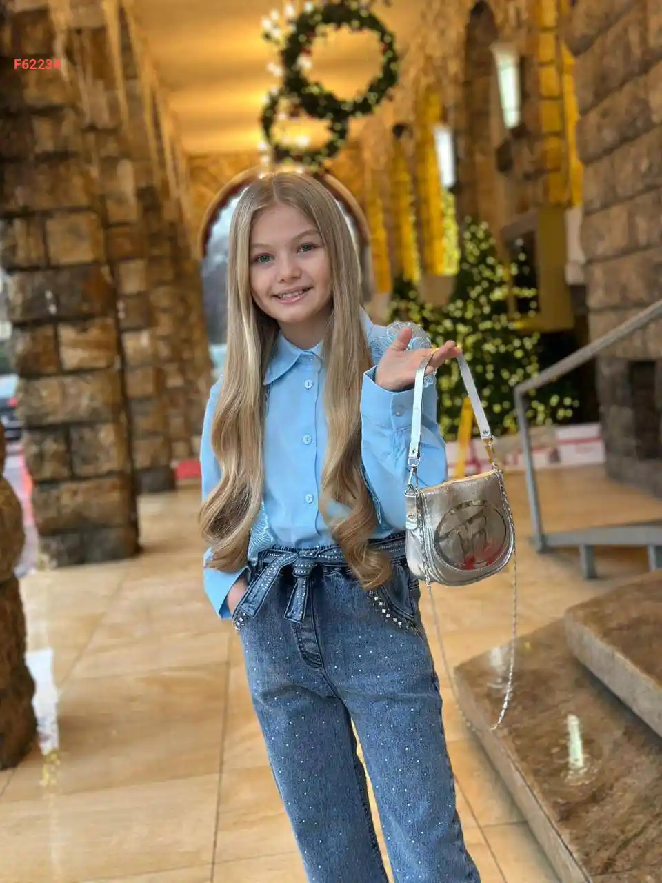 طقم بناتي جينز حجري مع قميص