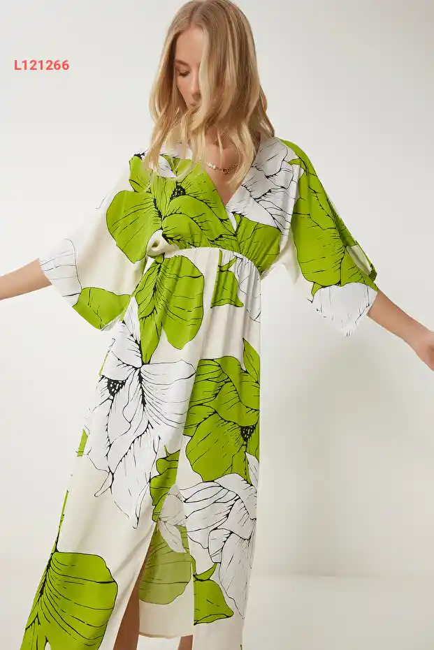 فستان صيفي مزخرف بألوان الأخضر والأبيض من هابي ناس اسطنبول ذو ياقة أنفصالية DK00166