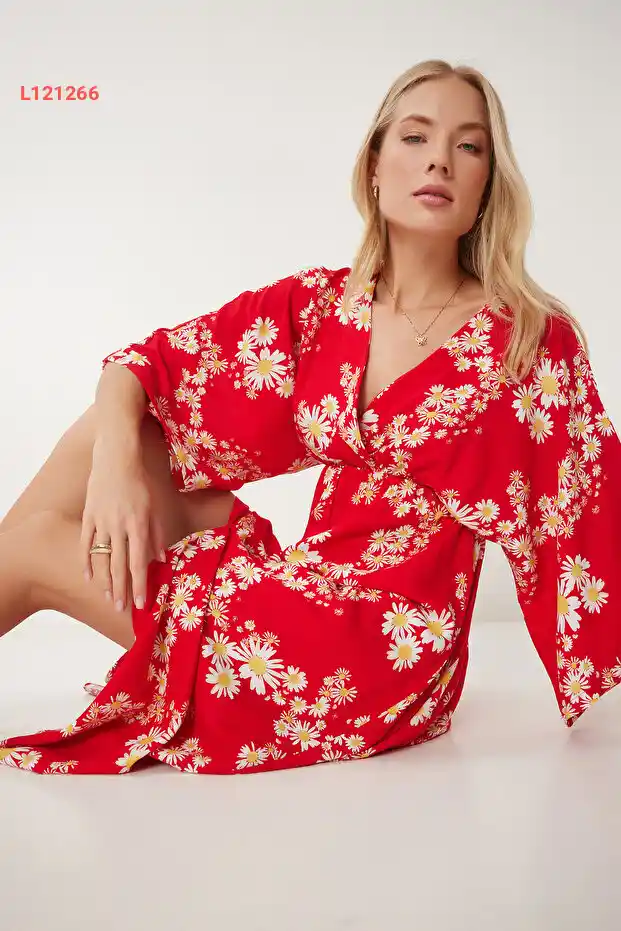 فستان صيفي مزخرف بياقة أنفيلوب للنساء - أحمر وأصفر من هابي نيس إسطنبول