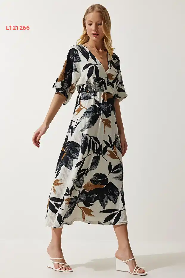 فستان نسائي مزين بياقة ملفوفة بتصميم أنقرة من هابي نساء إستانبول - لون كريمي وأسود