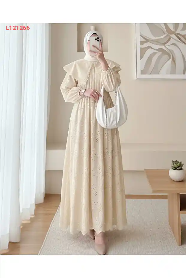 فستان بياقة بيليرين من الدانتيل - بيج