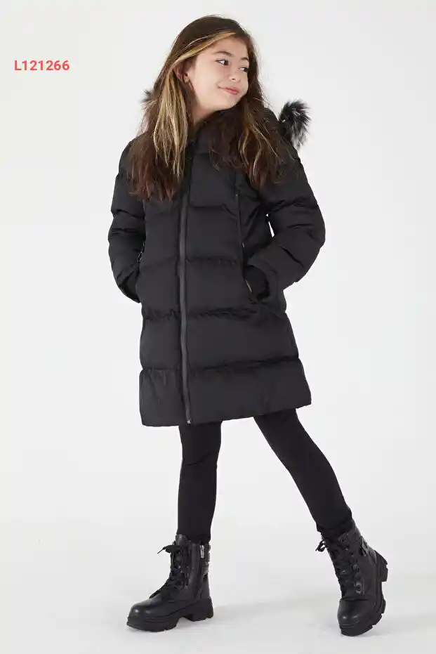 جاكيت ميني للفتيات بتصميم مبطن وغطاء فرو أسود