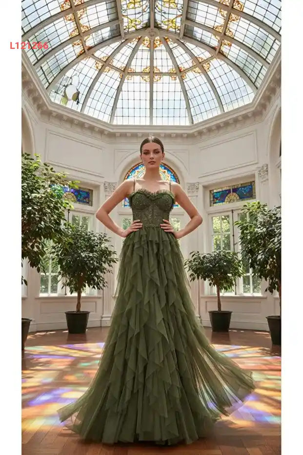 فستان سهرة من التول مطرز بأحجار من الدانتيل