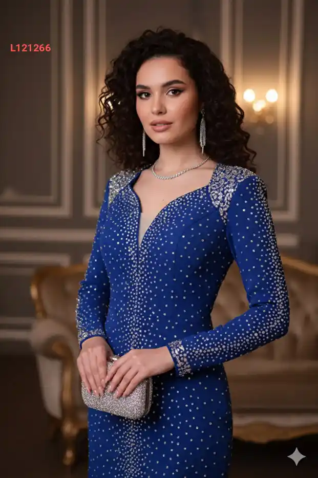 فستان سهرة أنيق بأكمام طويلة وياقة على شكل قلب مزين برسومات ماسية