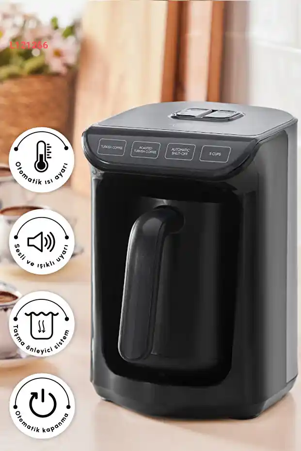 كاراكا قهوة تركية مطبوخة على الفحم مع ماكينة قهوة تركية لامعة سوداء بسعة 5 فناجين مع رغوة غنية