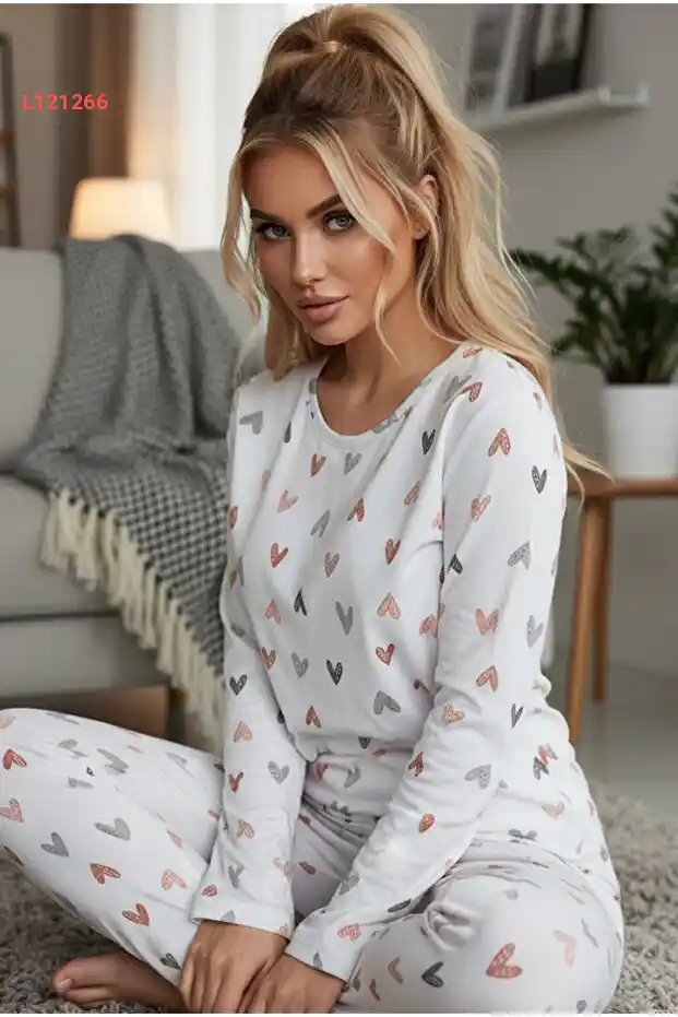 بيجاما نسائية صيفية بنقشة قلوب - بيجاما سيه إنشي 7979