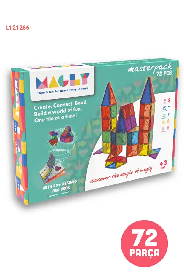 مجموعة بلاطات مغناطيسية ملونة ثلاثية الأبعاد للأطفال - 72 قطعة من مغناطيس ماغلي