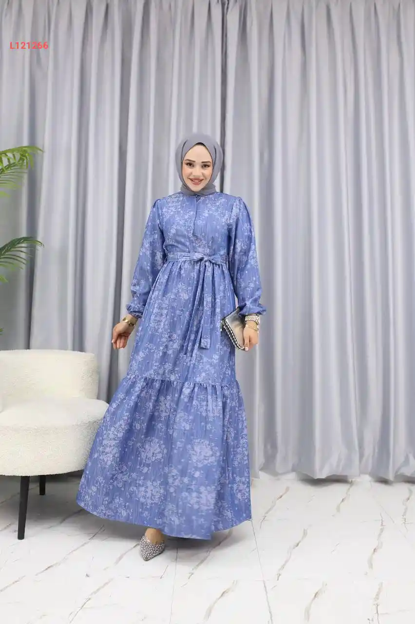 فستان طويل تنسل منقوش مع زنار