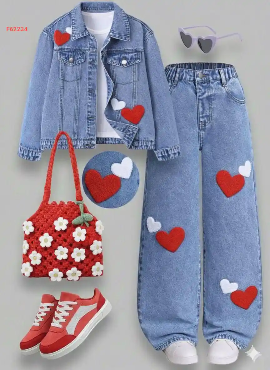 طقم بنطال جينز بناتي مع تفاصيل قلوب