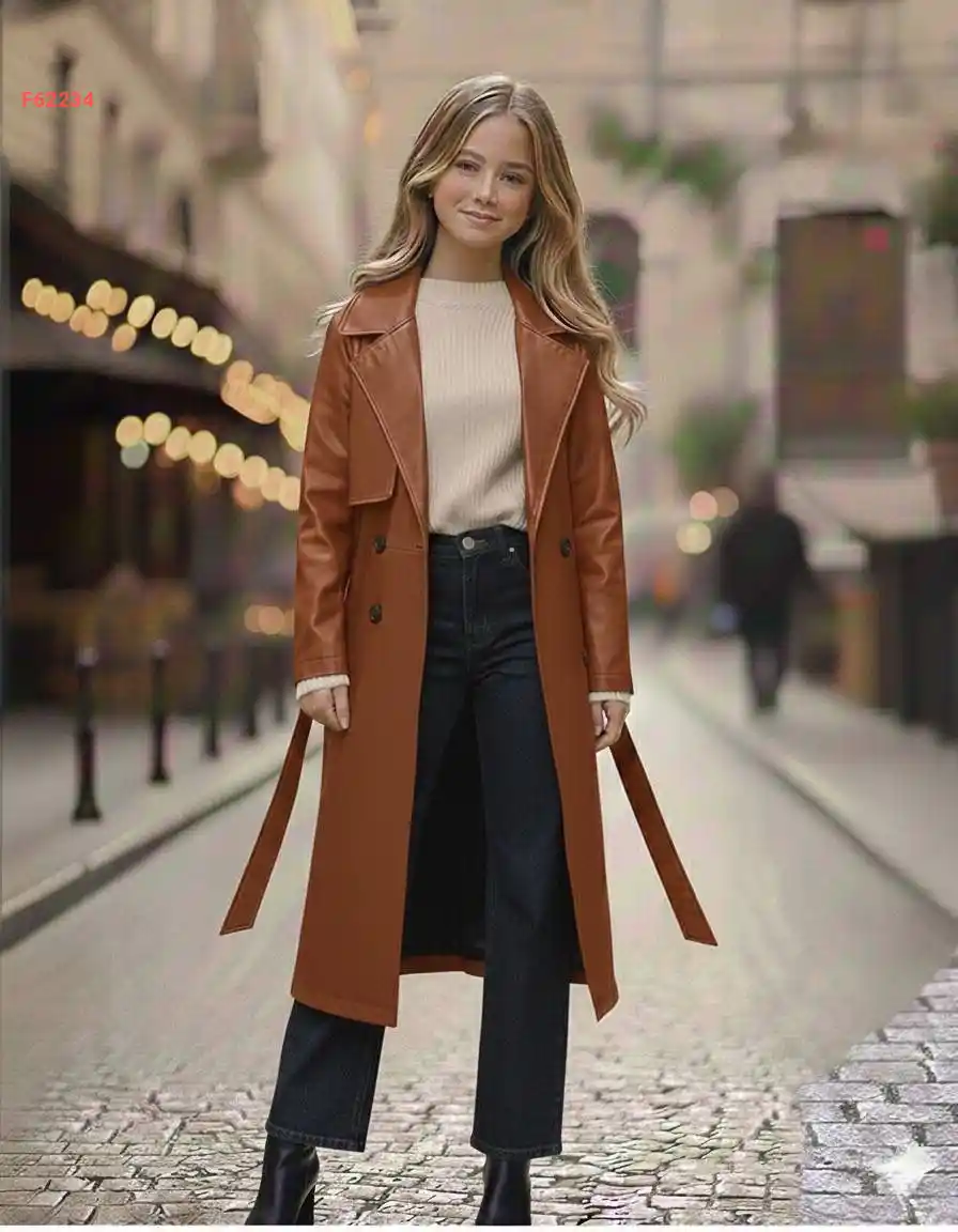 طقم بنطال بناتي محير مع ترانشكوت جلد