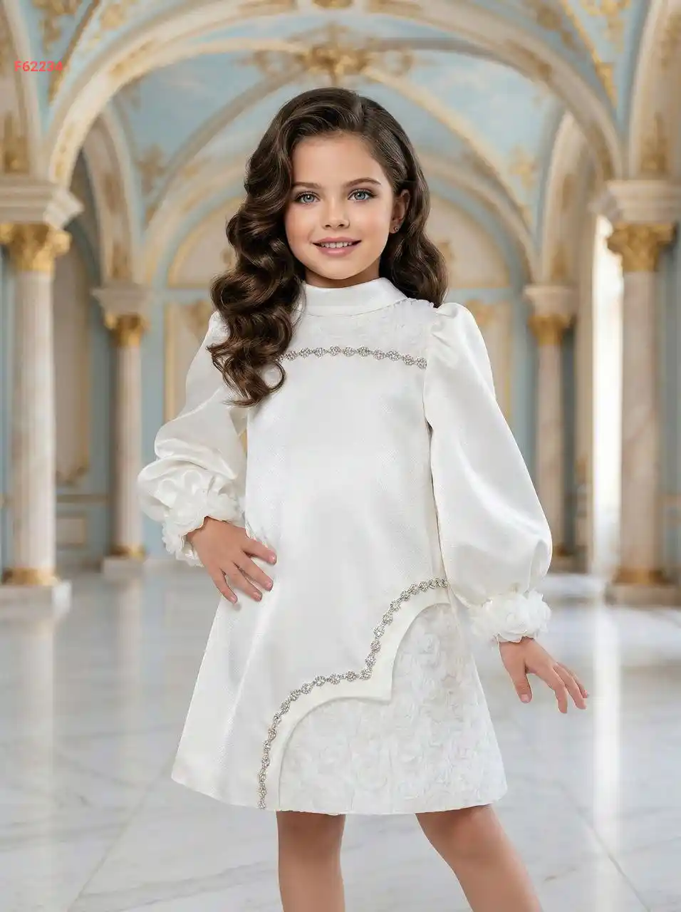 فستان بناتي مطرز أحجار مع ورد