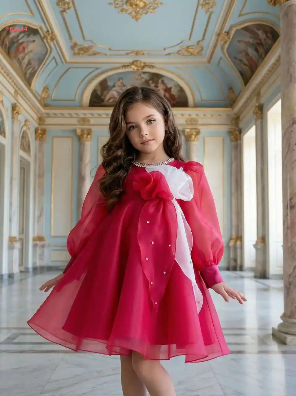 فستان بناتي منفوش مزين ورد وأحجار