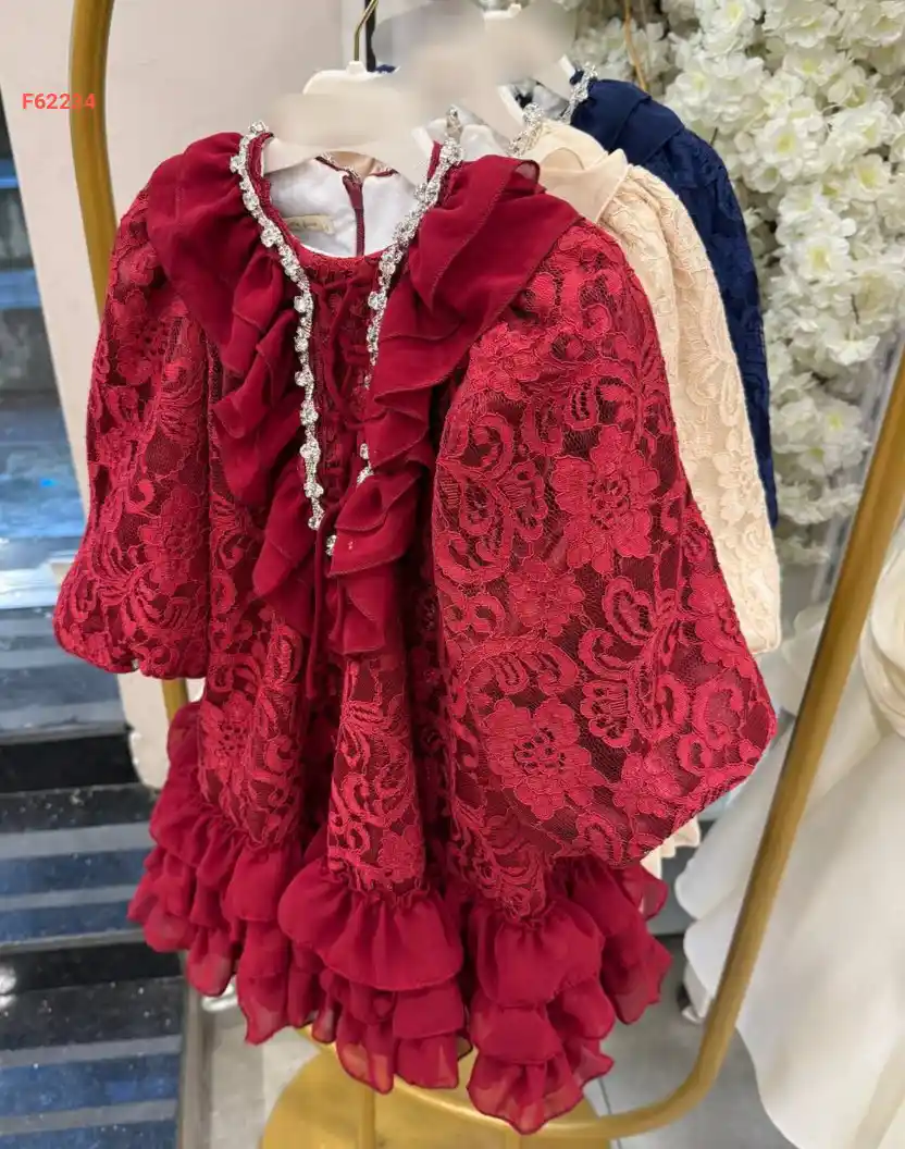 فستان بناتي دانتيل كشكش بأكمام بالونية