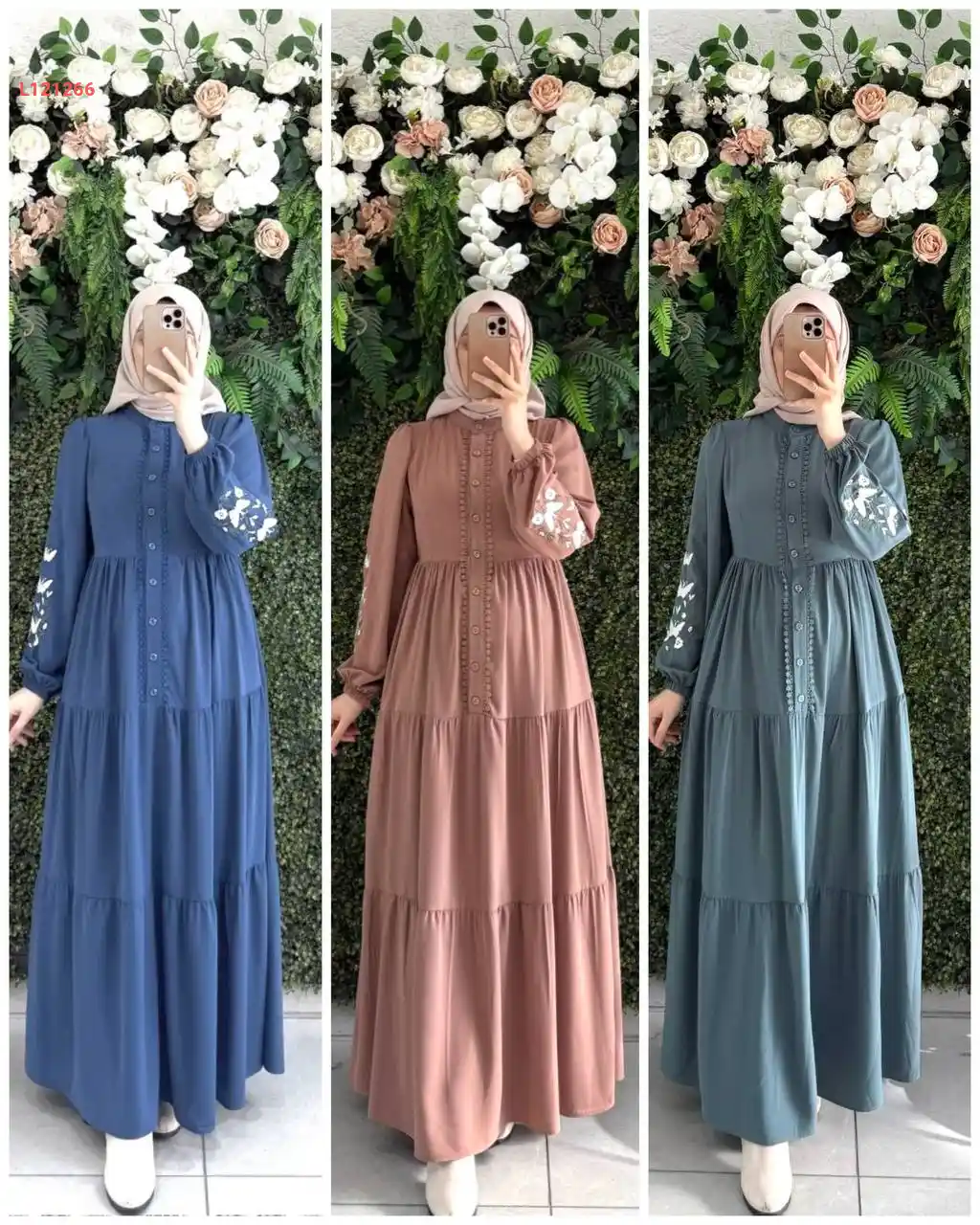 فستان بنصف أزرار وأكمام مطرزة