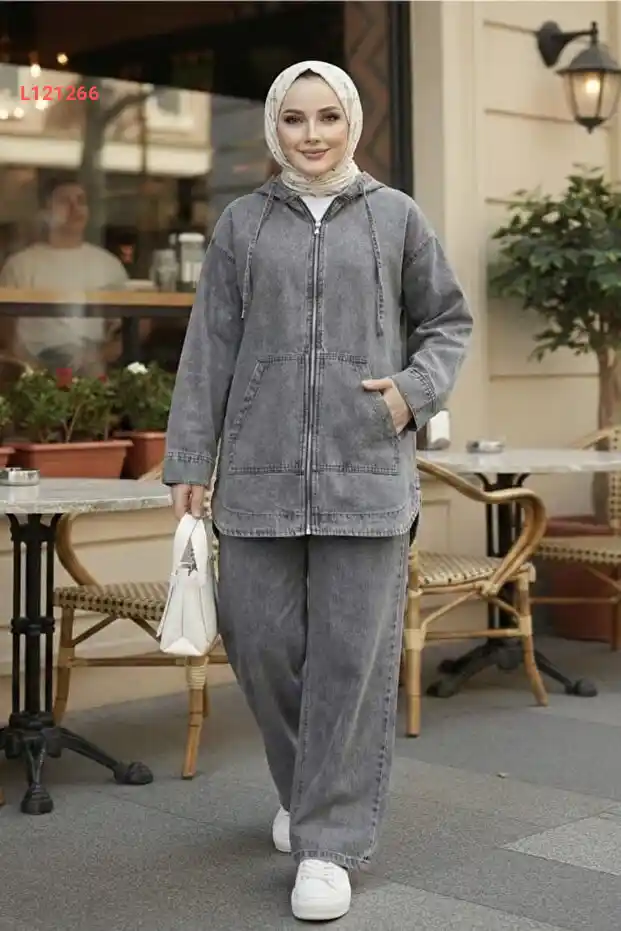 طقم تونك وبنطلون جينز رمادي داكن بغطاء رأس و جيوب للنساء من هب هارما