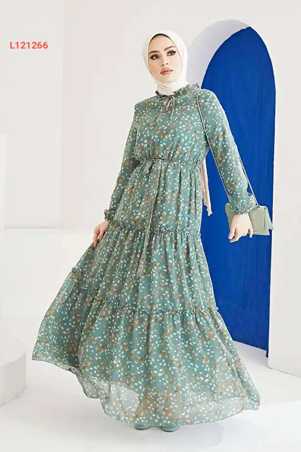 فستان شيفون نسائي مزين بكسرات بطانة خضراء 4609