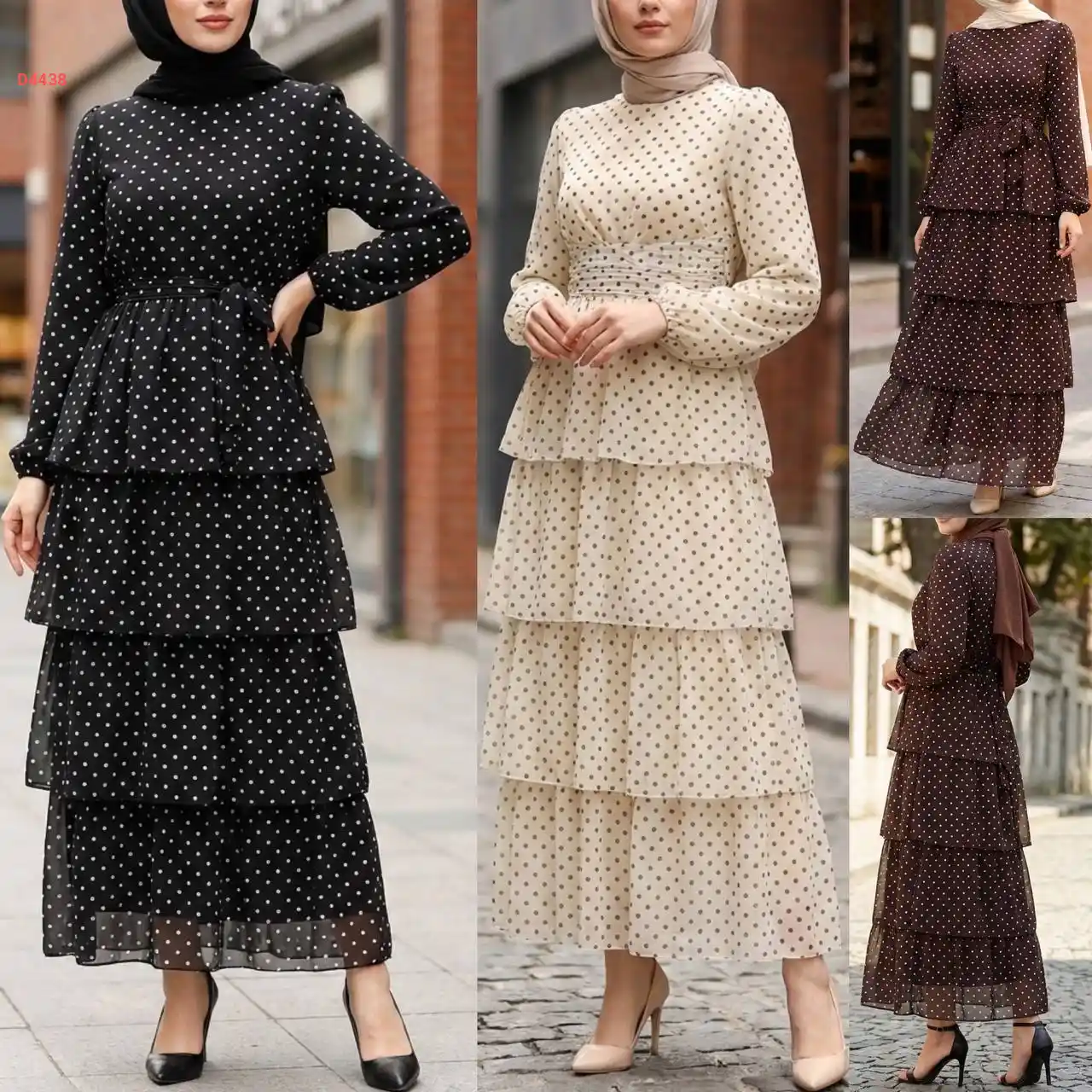 فستان طويل شيفون كشكش منقط