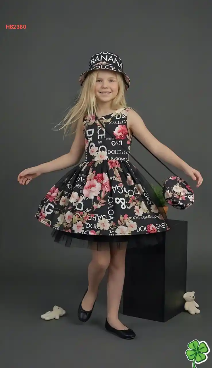 فستان بناتي صيفي ماركة مع قبعة وحقيبة