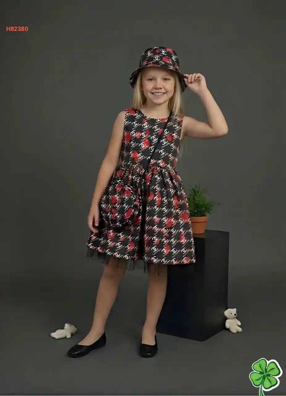 فستان بناتي صيفي ماركة مع قبعة وحقيبة