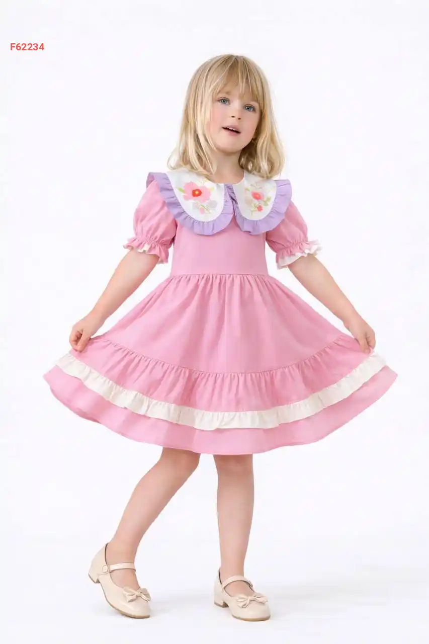 فستان بناتي صيفي بياقة مطرزة ورد