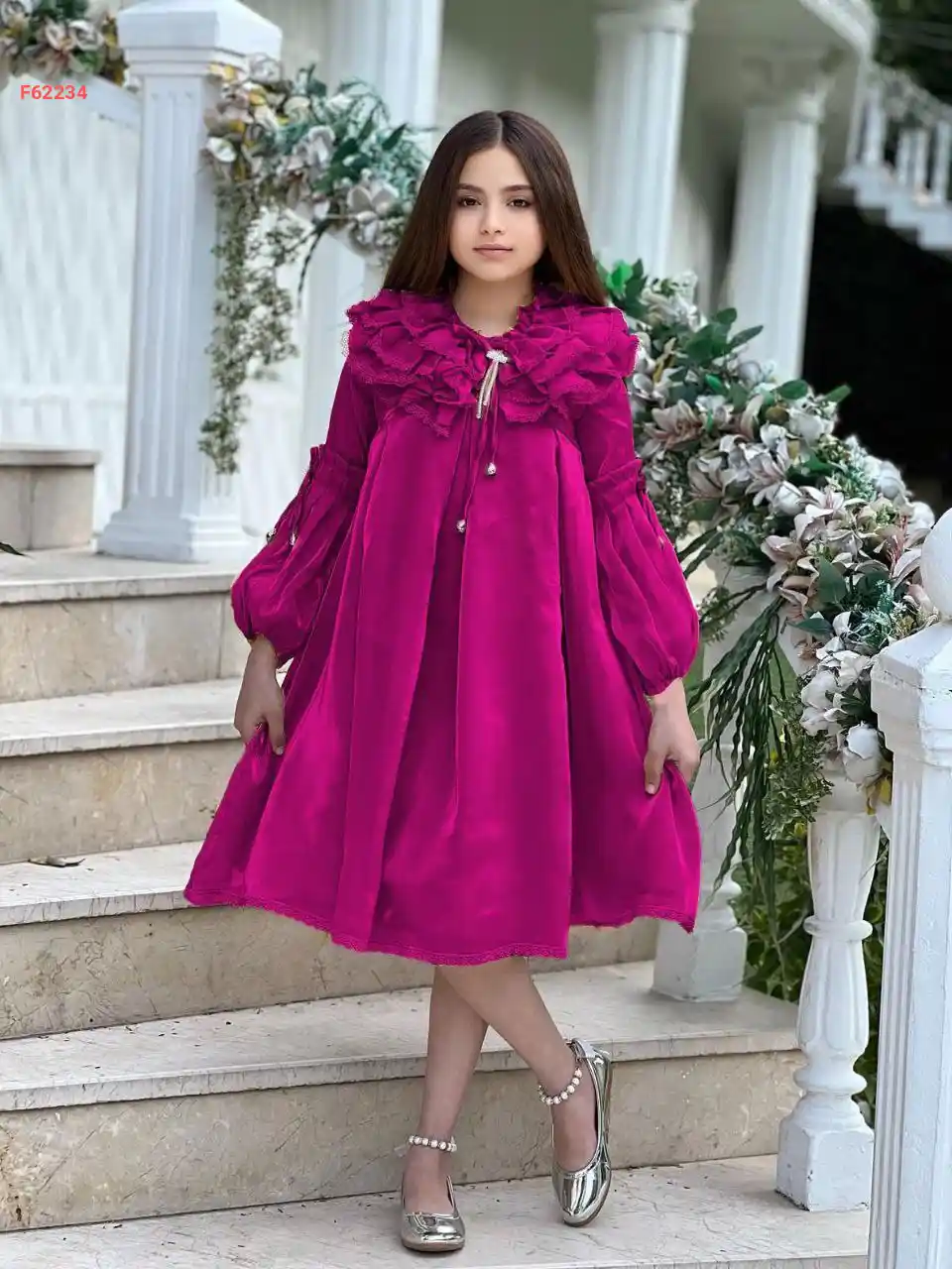 فستان بناتي كم طويل كشكش