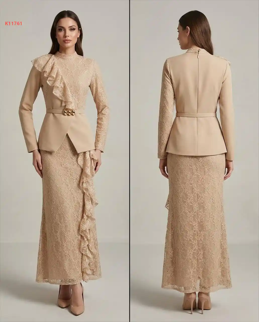 فستان طويل دانتيل مبطن مع تفاصيل بليزر